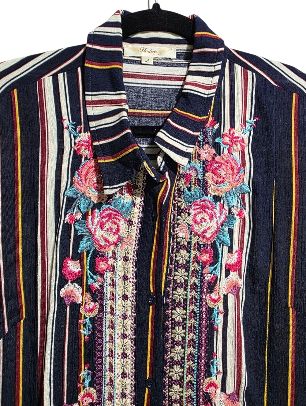 ANDREE BY UNIT STRIPED FLORAL EMBROIDERED MAXI DUSTER DRESS SZ L - Picture 4 of 9